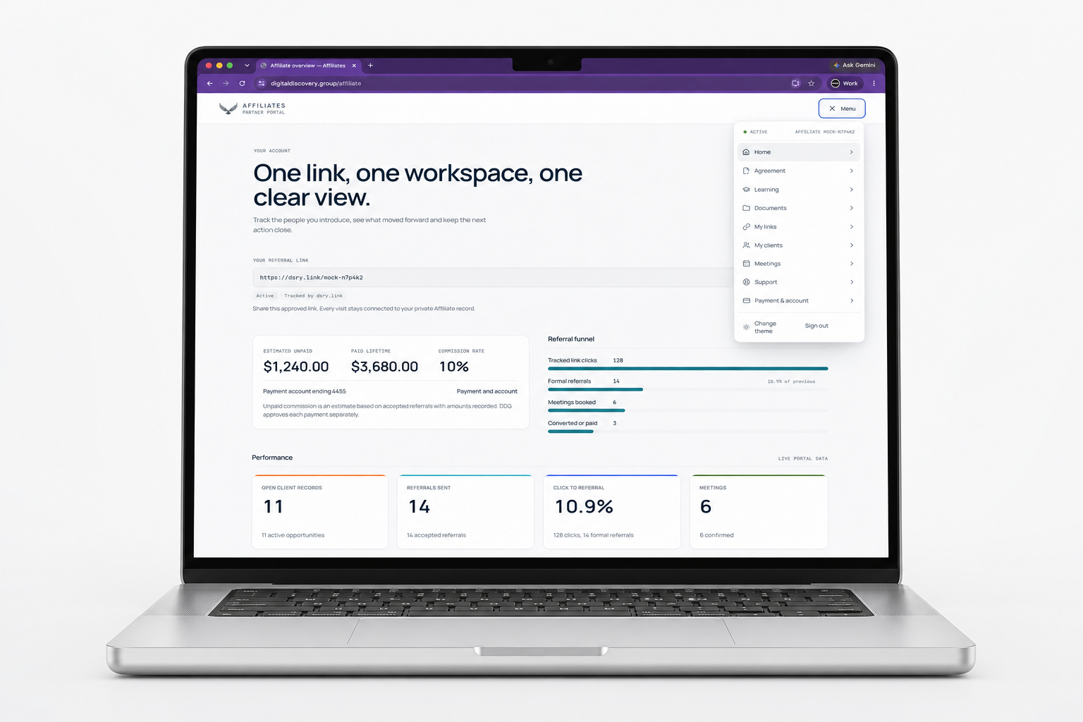 Affiliate partner portal shown on a laptop, with referral link, commission summary, referral funnel and performance metrics.