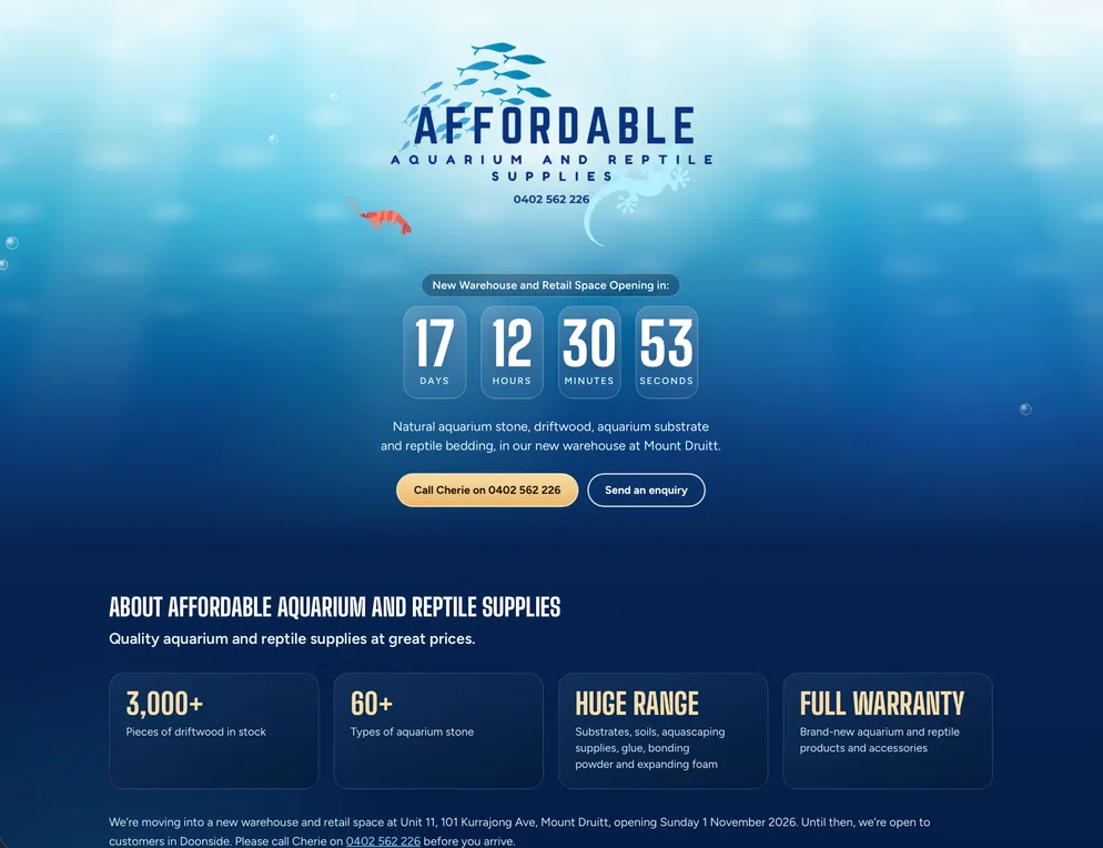 The Affordable Aquarium and Reptile Supplies website — an underwater scene with the logo, a countdown to the new warehouse opening, and buttons to call Cherie or send an enquiry.