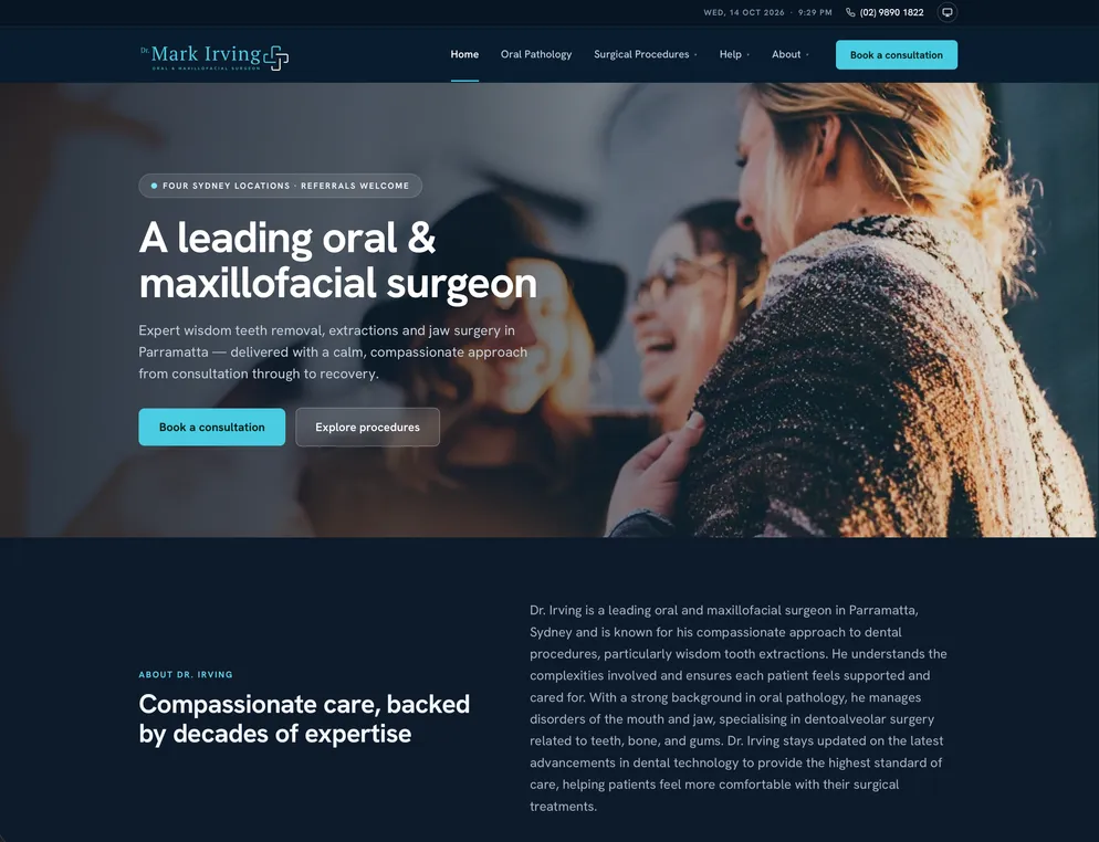 The Dr Mark Irving website home page — a leading oral and maxillofacial surgeon, with buttons to book a consultation or explore procedures.