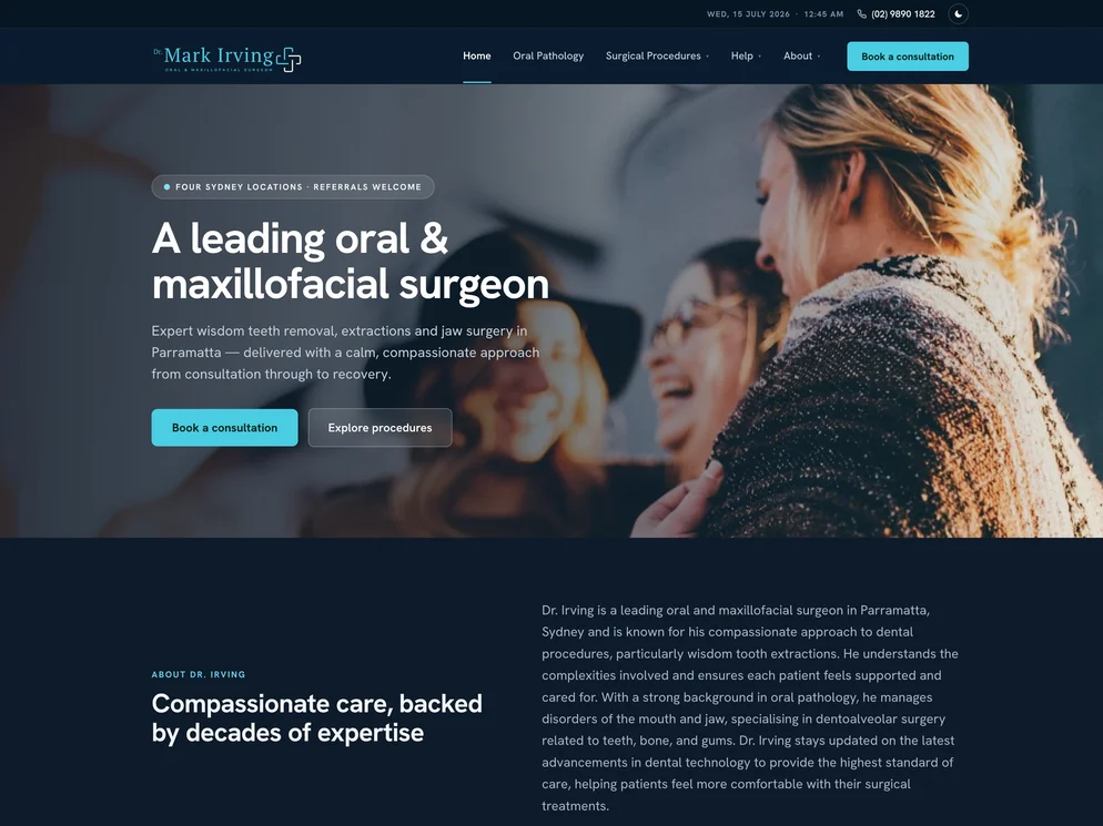 The Dr Mark Irving website home page — a leading oral and maxillofacial surgeon in Parramatta.