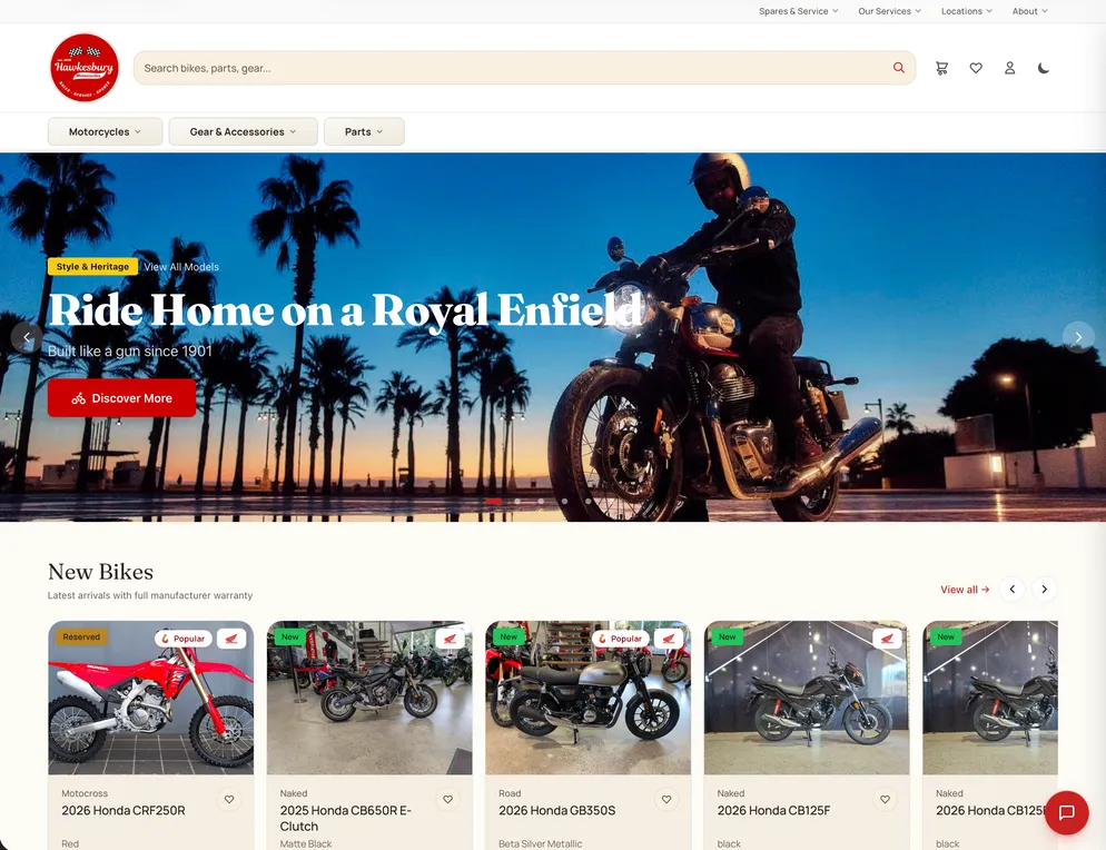 The Hawkesbury Motorcycles storefront — search for bikes, parts and gear above a Royal Enfield banner and a New Bikes row showing live stock.