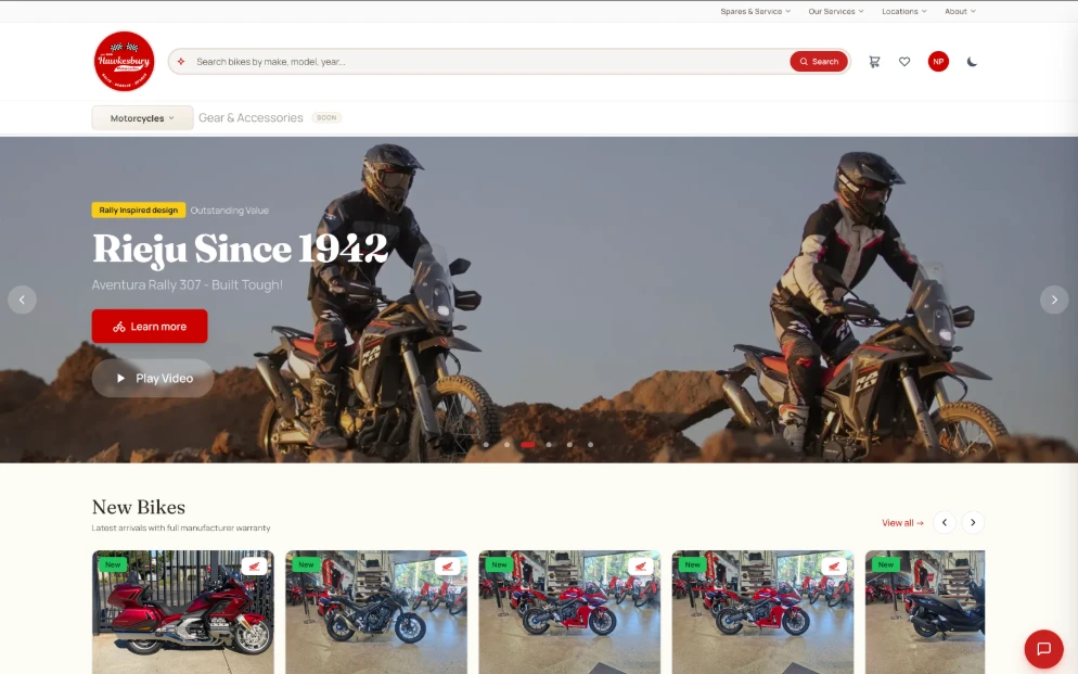 The Hawkesbury Motorcycles storefront — search by make, model and year above a New Bikes row showing live stock.