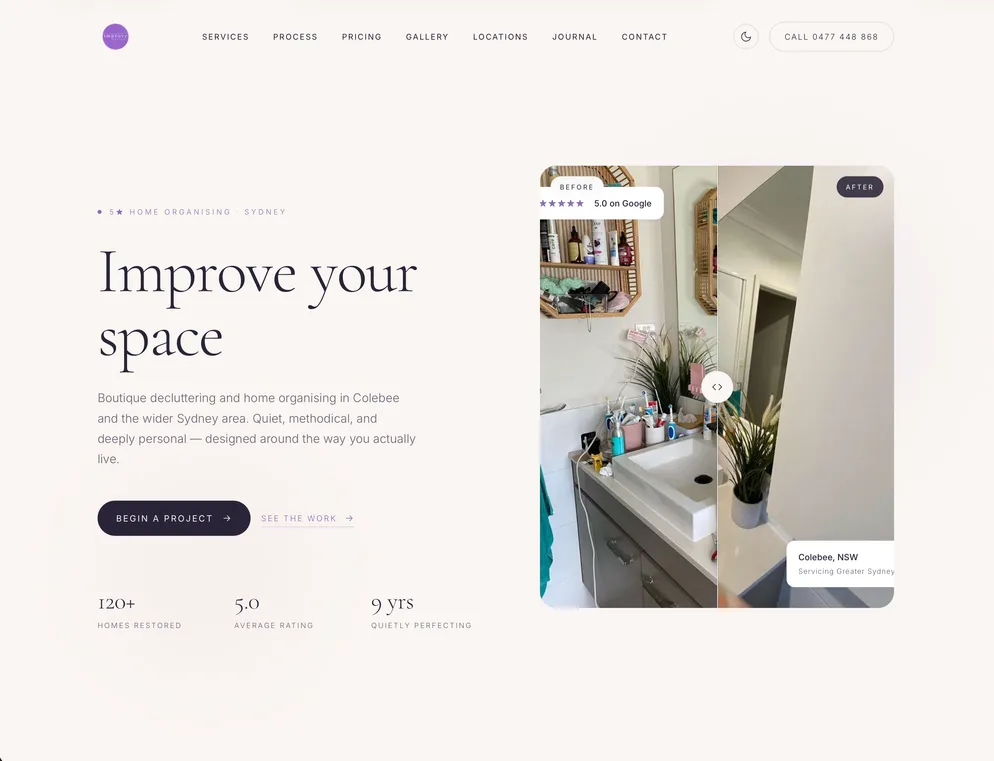 The Improve Your Space home page — “Improve your space” beside a before-and-after slider of a bathroom vanity.