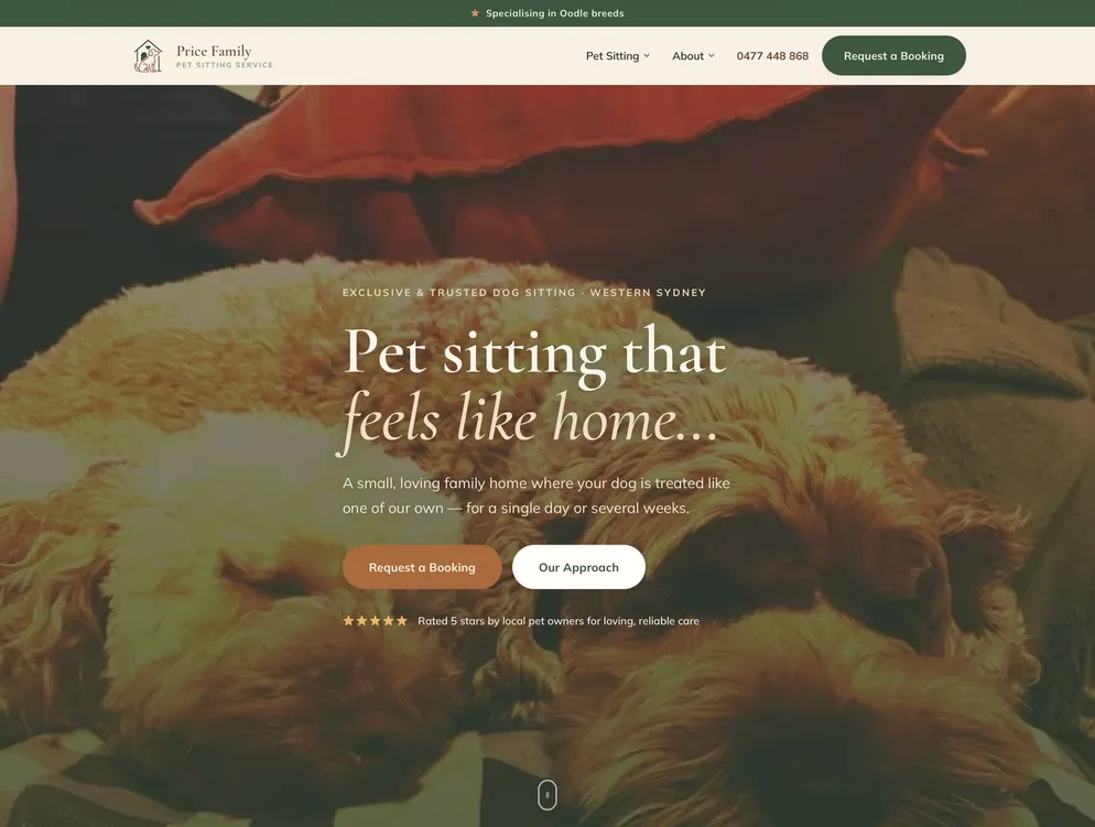 The Price Family Pet Sitting home page — “Pet sitting that feels like home…” over a photograph of a sleeping dog, with a Request a Booking button.