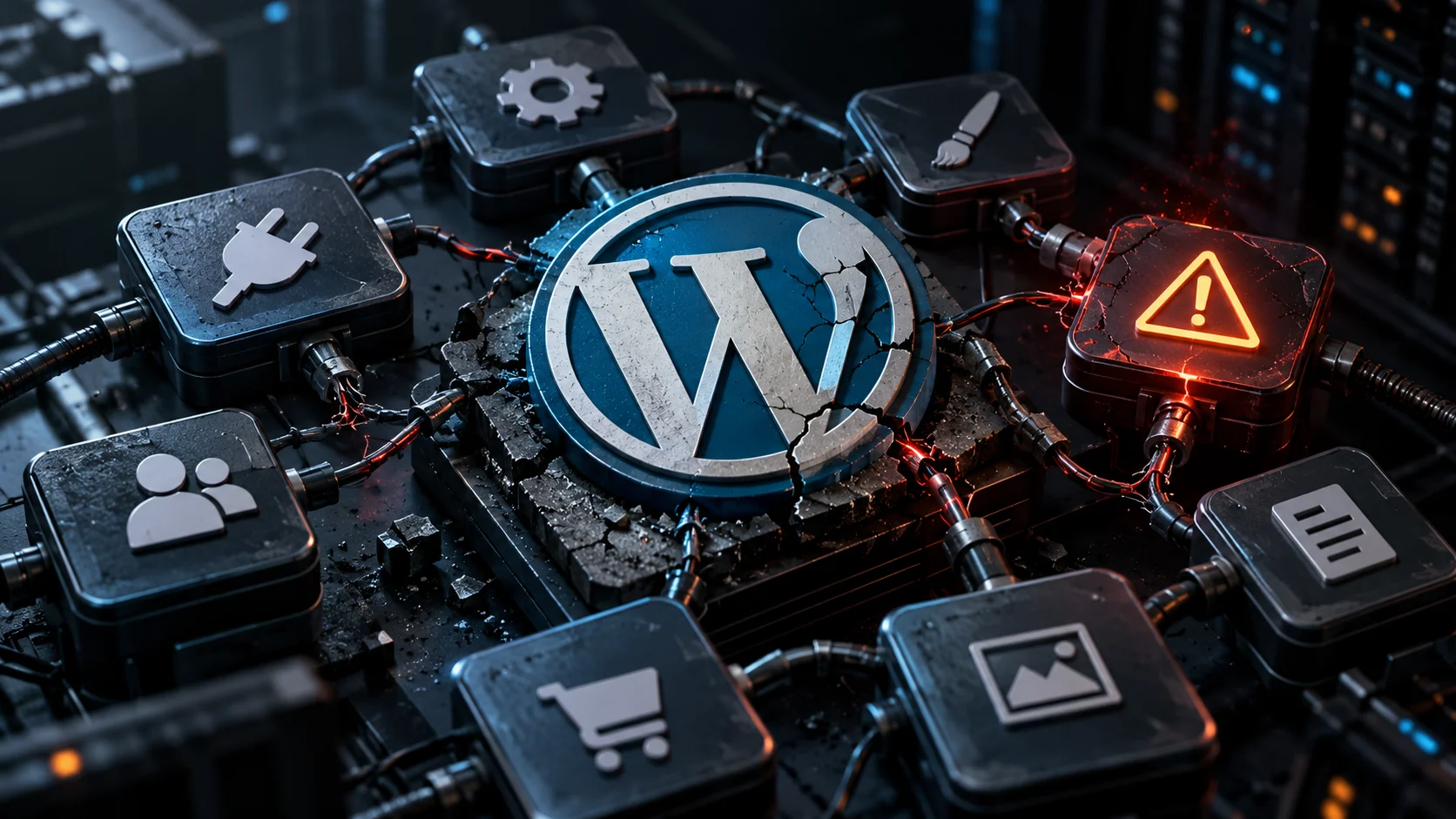 Cracked WordPress logo connected to plugin modules, with a glowing security warning.